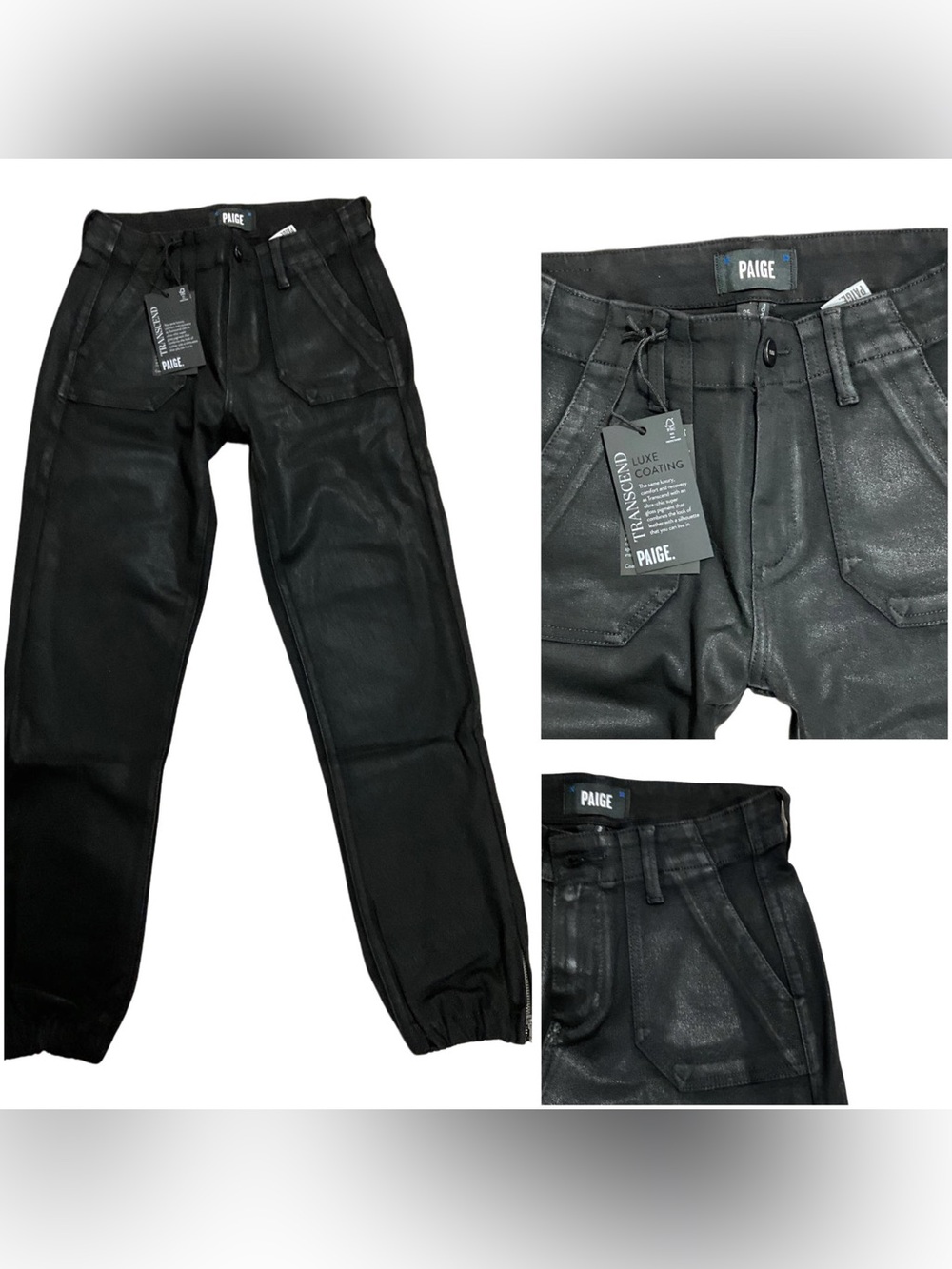 NWT PAIGE Utility Jogger Pants Luxe Black Coated Denim Patch Pockets Cropped - Picture 6 of 10